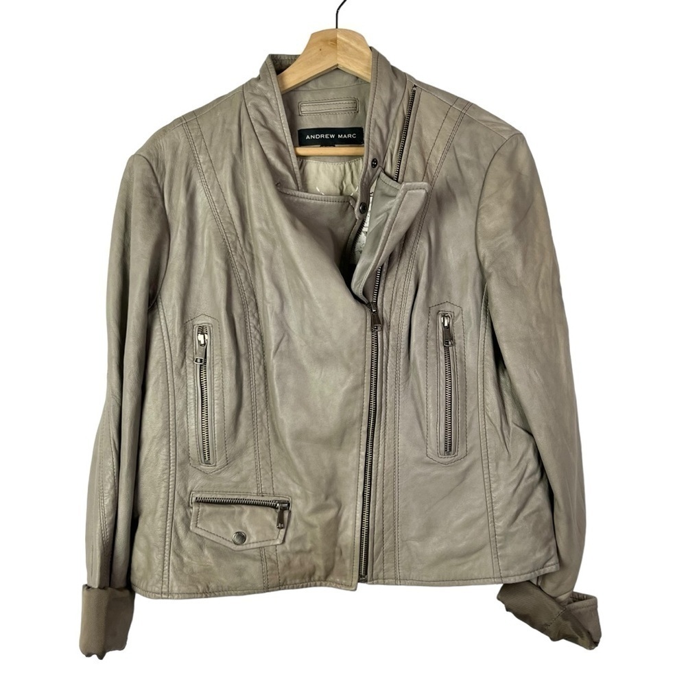 Andrew Marc Gray Side Zip Lambskin Leather‎ Moto Biker Jacket L